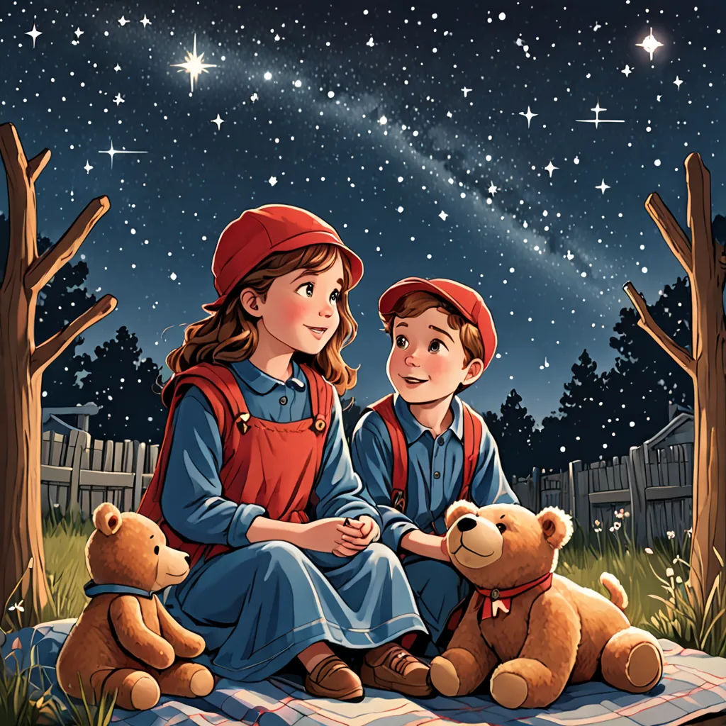a couple of kids sitting on top of a blanket next to a teddy bear under a night sky with stars, space art, a storybook illustration, Bob Byerley, storybook illustration