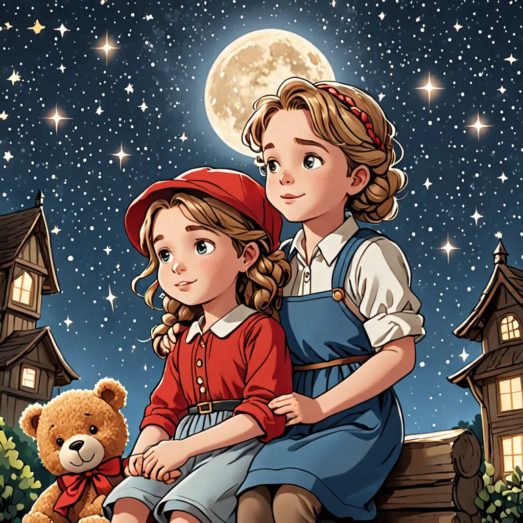 a girl and a boy sitting on a bench with a teddy bear in front of them and a full moon in the background, space art, a storybook illustration, Cliff Childs, storybook illustration
