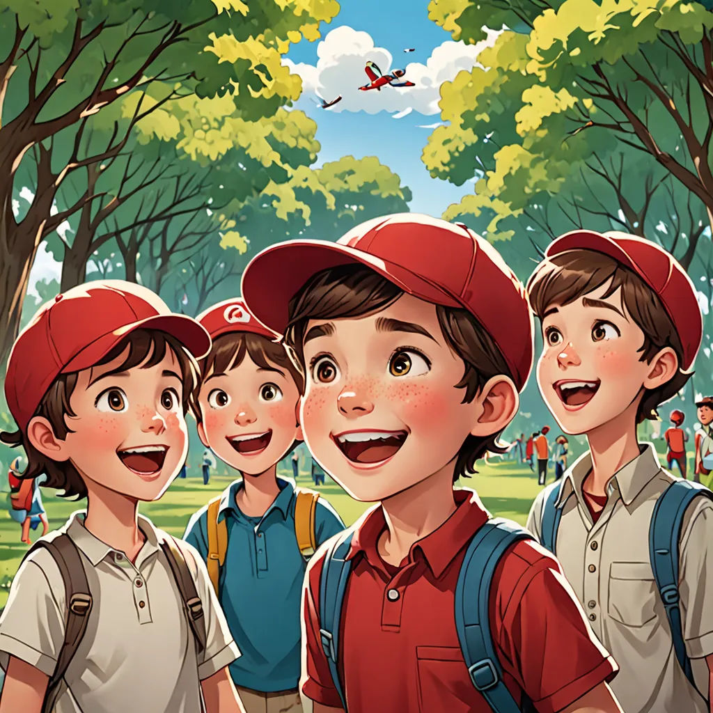 a group of children standing next to each other in a park with trees and a plane flying overhead in the sky, american scene painting, a storybook illustration, Diego Gisbert Llorens, storybook illustration