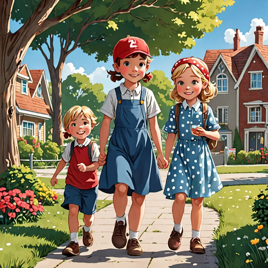 a painting of three children walking down a sidewalk in a park with a house in the background and a tree in the foreground, american scene painting, a storybook illustration, Brothers Hildebrandt, official art