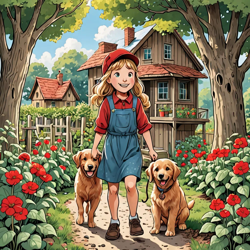 a girl and two dogs are walking in a garden with a house in the background and flowers in the foreground, process art, a storybook illustration, Bob Byerley, comic cover art