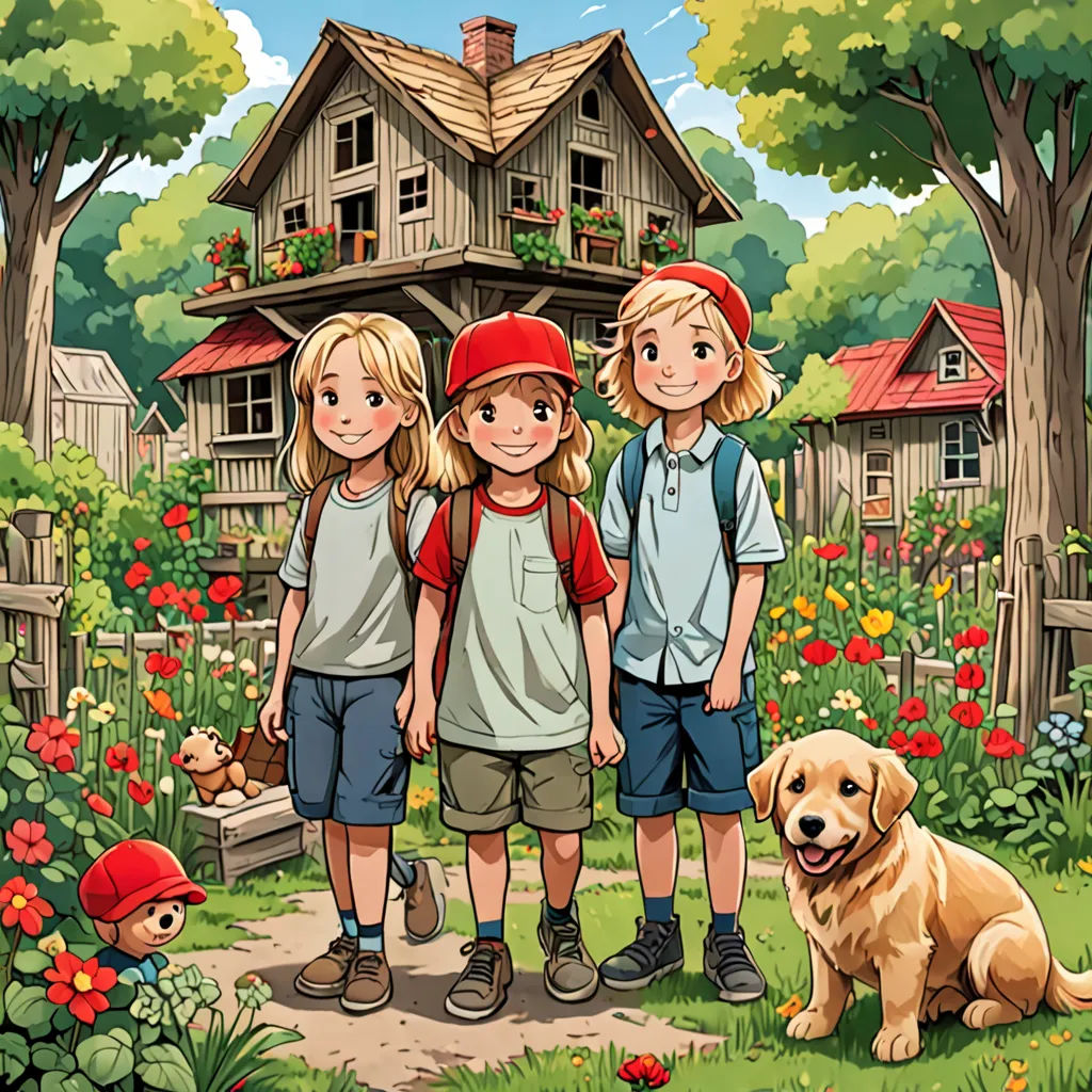 a group of children standing in front of a house with a dog and a doghouse in the background, magic realism, a storybook illustration, Bob Byerley, official art