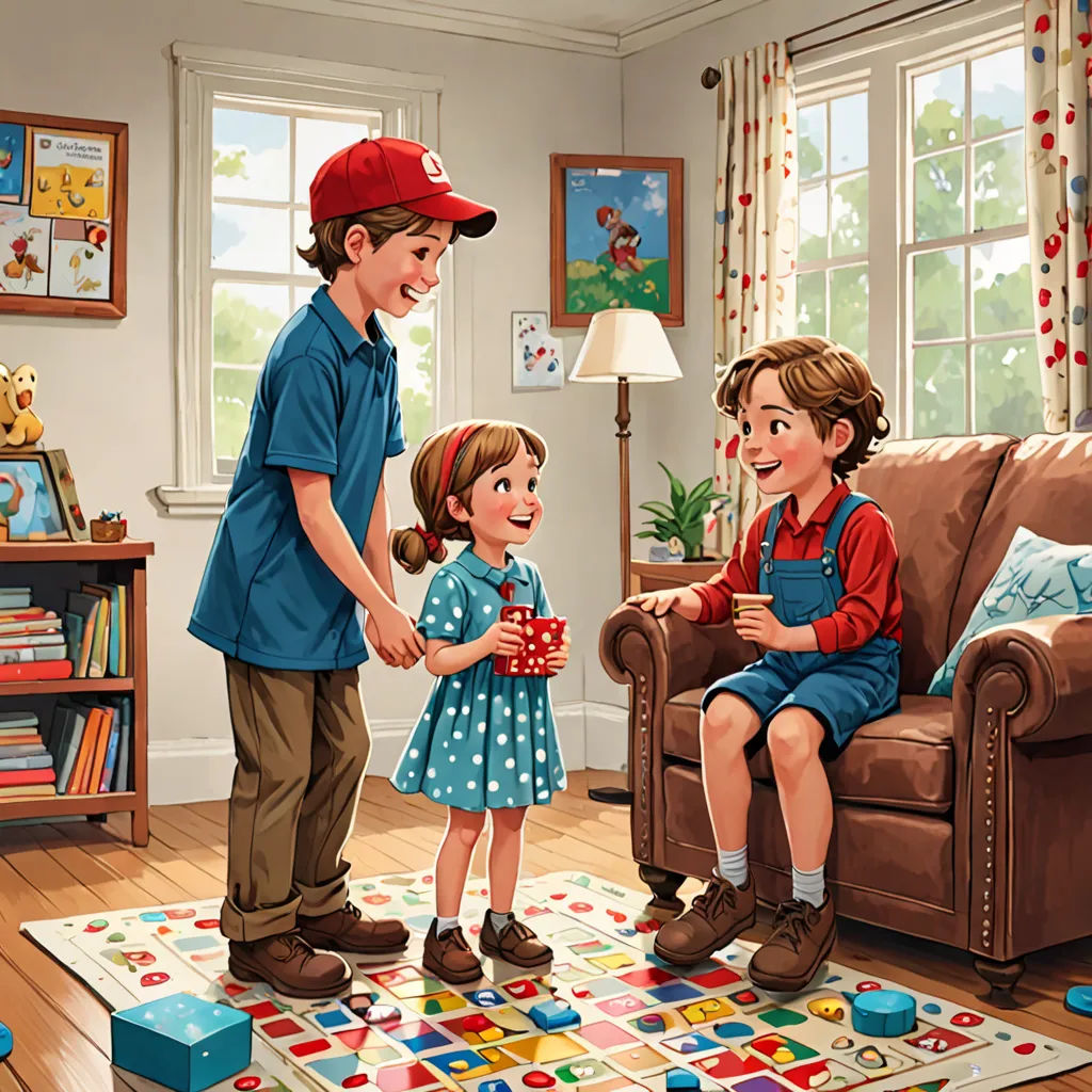 a painting of a boy and girl playing a game with a boy on a couch in the background and a girl on the floor, american scene painting, a storybook illustration, Bob Byerley, storybook illustration