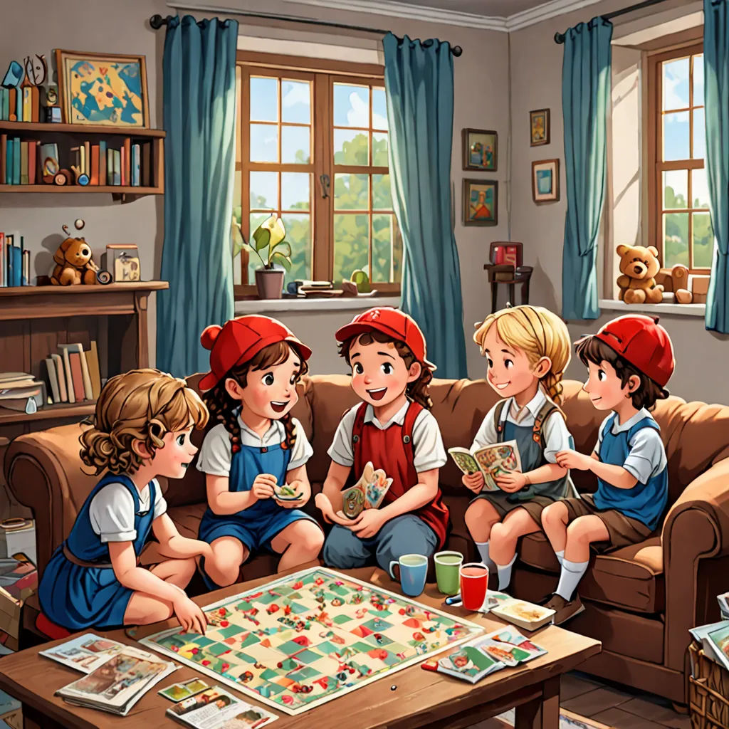 a group of children sitting on a couch playing a game of monopoly in a living room with a teddy bear, naive art, a storybook illustration, Bob Byerley, highly detailed oil painting