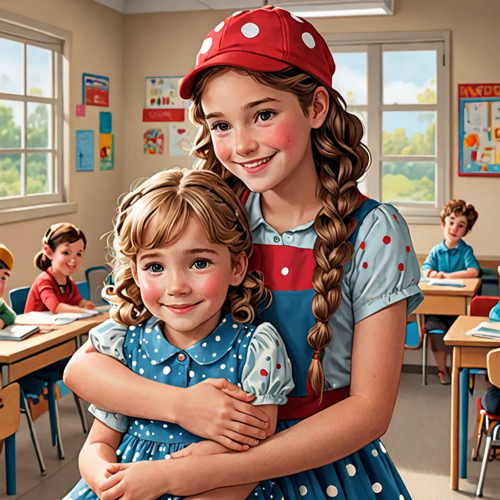 a painting of two children hugging each other in a classroom with other children in the background and a teacher in the background, american scene painting, a photorealistic painting, Bob Byerley, highly detailed digital painting