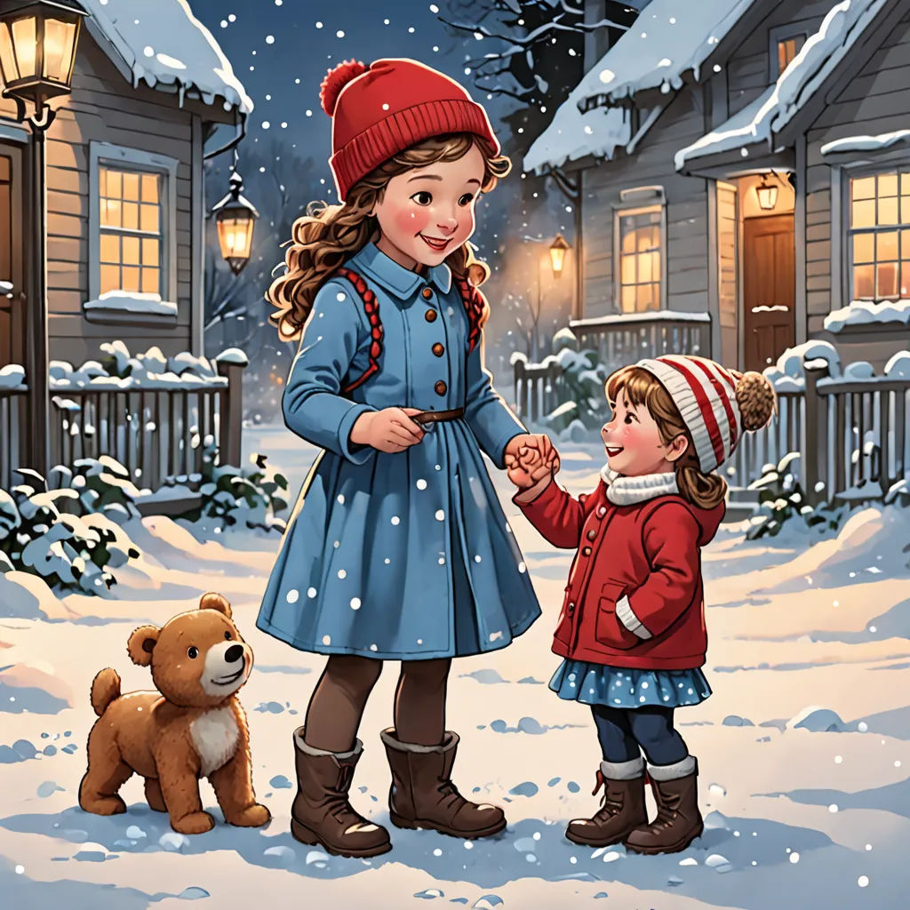 a little girl holding hands with a little girl in the snow near a house with a teddy bear on the front, naive art, a storybook illustration, Bob Byerley, storybook illustration