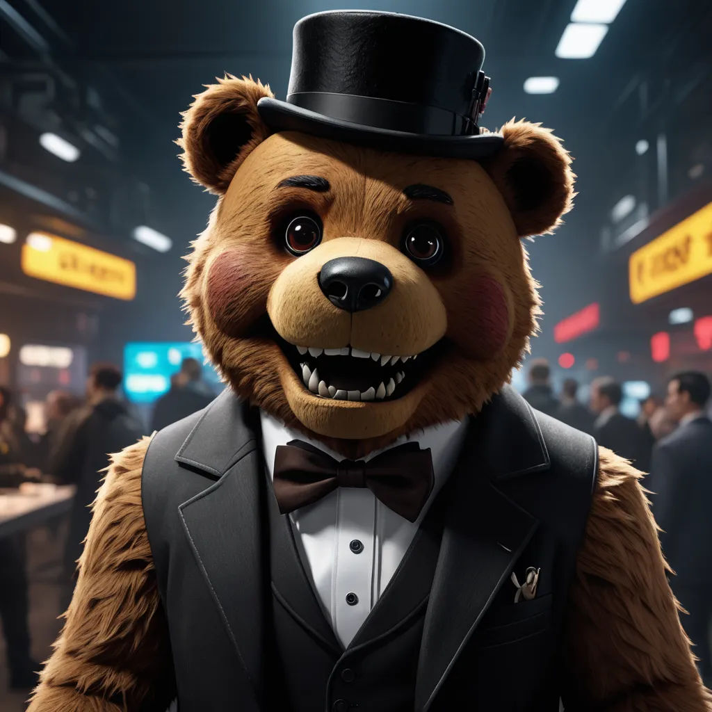 a bear dressed in a suit and top hat with a smile on his face and mouth, standing in a crowded area, furry art, a 3D render, Chris LaBrooy, unreal engine 5 quality render