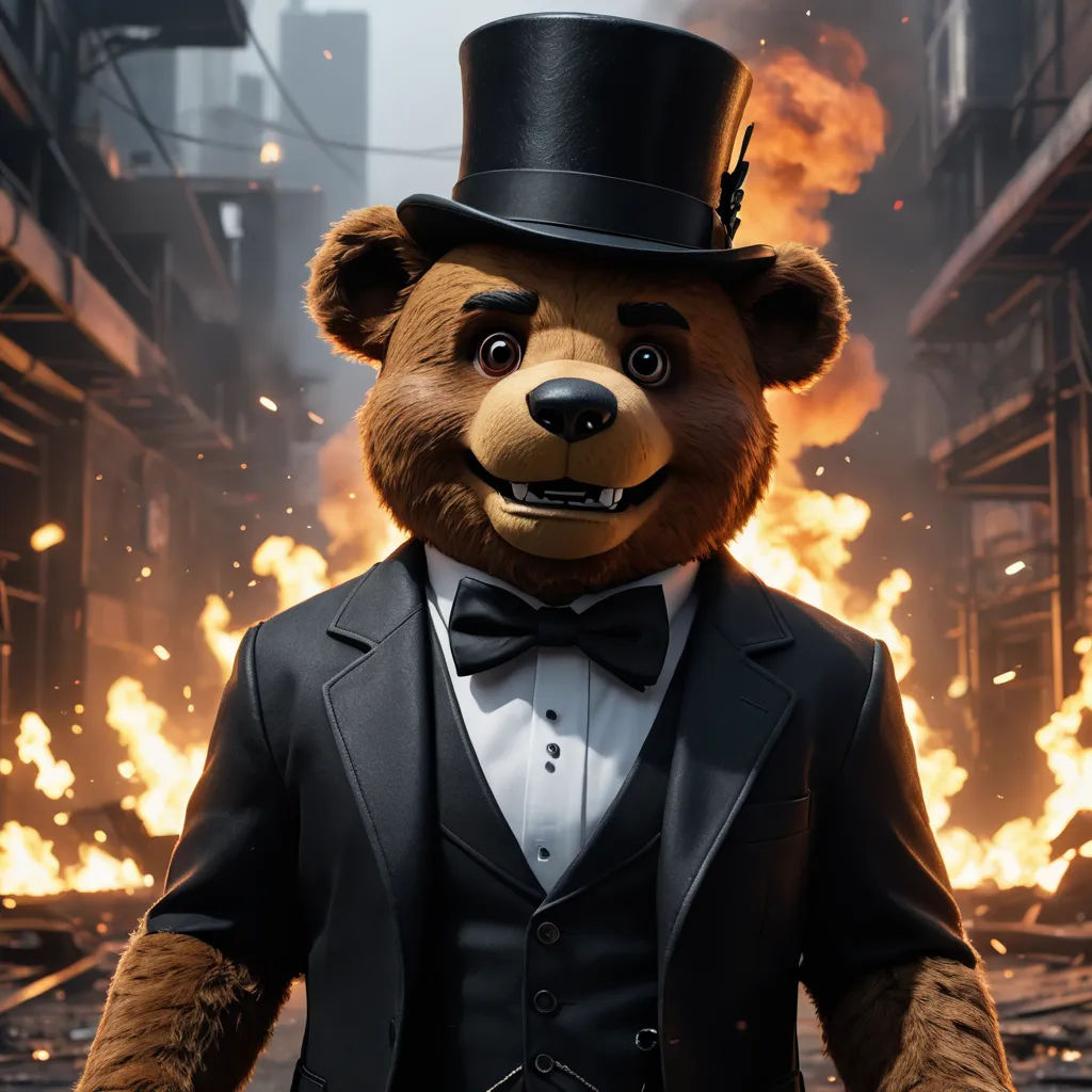 a bear dressed in a suit and top hat standing in front of a fire filled street with buildings and buildings, furry art, a character portrait, Chris LaBrooy, unreal engine 5 quality render