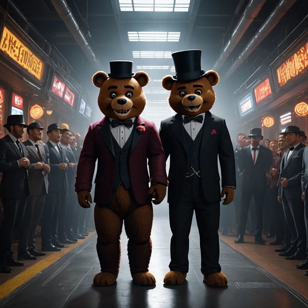 two bears in suits and top hats standing in a hallway with people in suits and ties in the background, furry art, concept art, Chris LaBrooy, promotional image