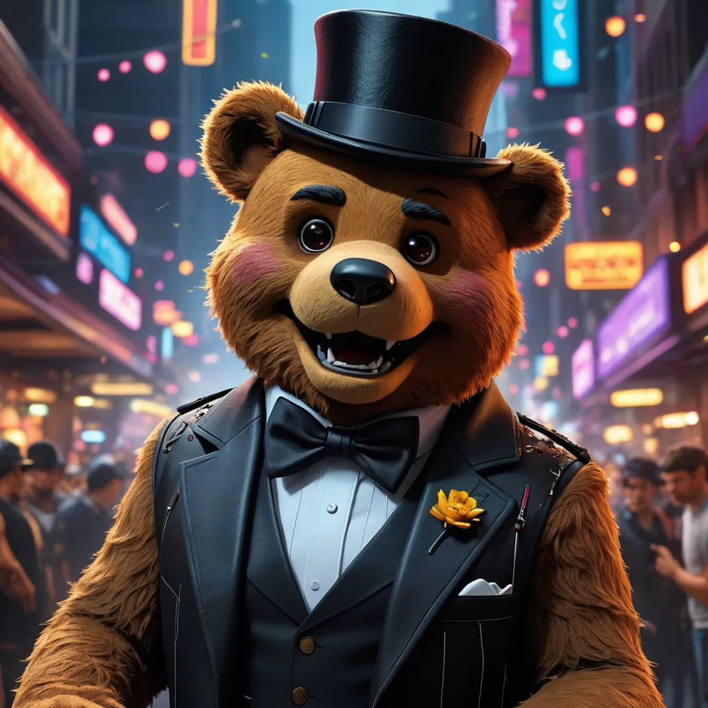 a bear dressed in a suit and top hat in a city street at night with people in the background, furry art, a character portrait, Chris LaBrooy, unreal engine 5 quality render