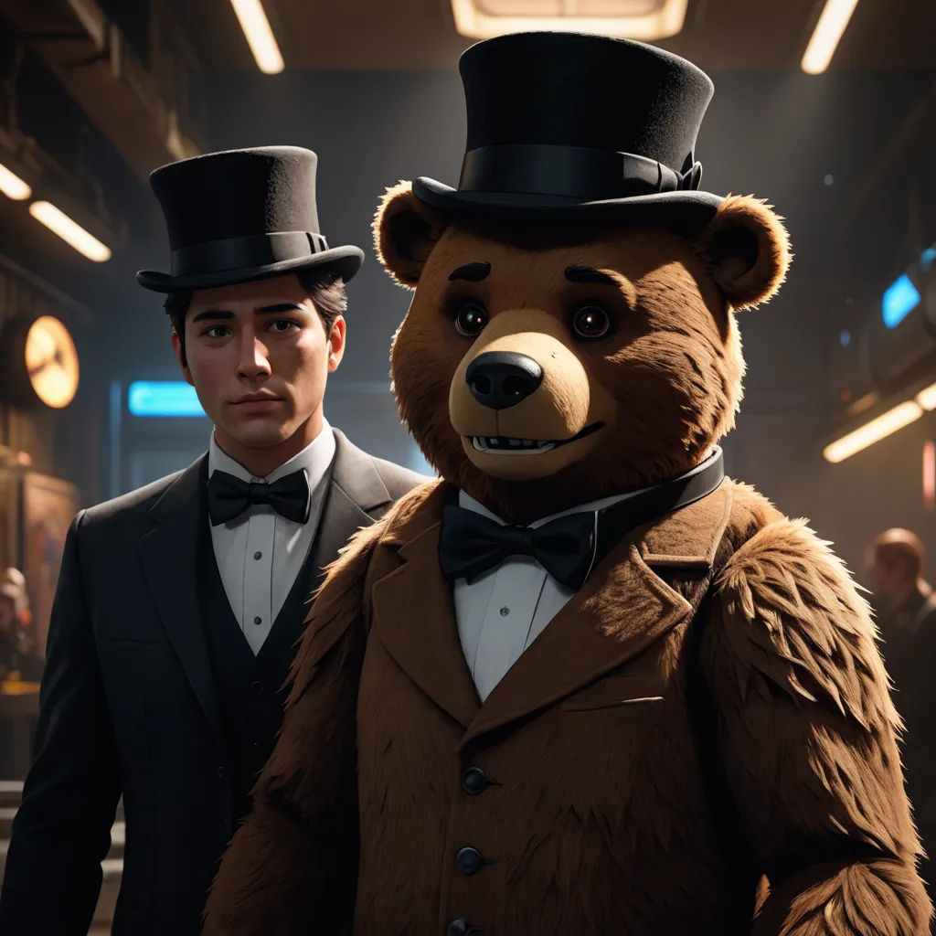 a man in a suit and top hat standing next to a bear in a suit and tie in a train station, furry art, concept art, Chris LaBrooy, promotional image