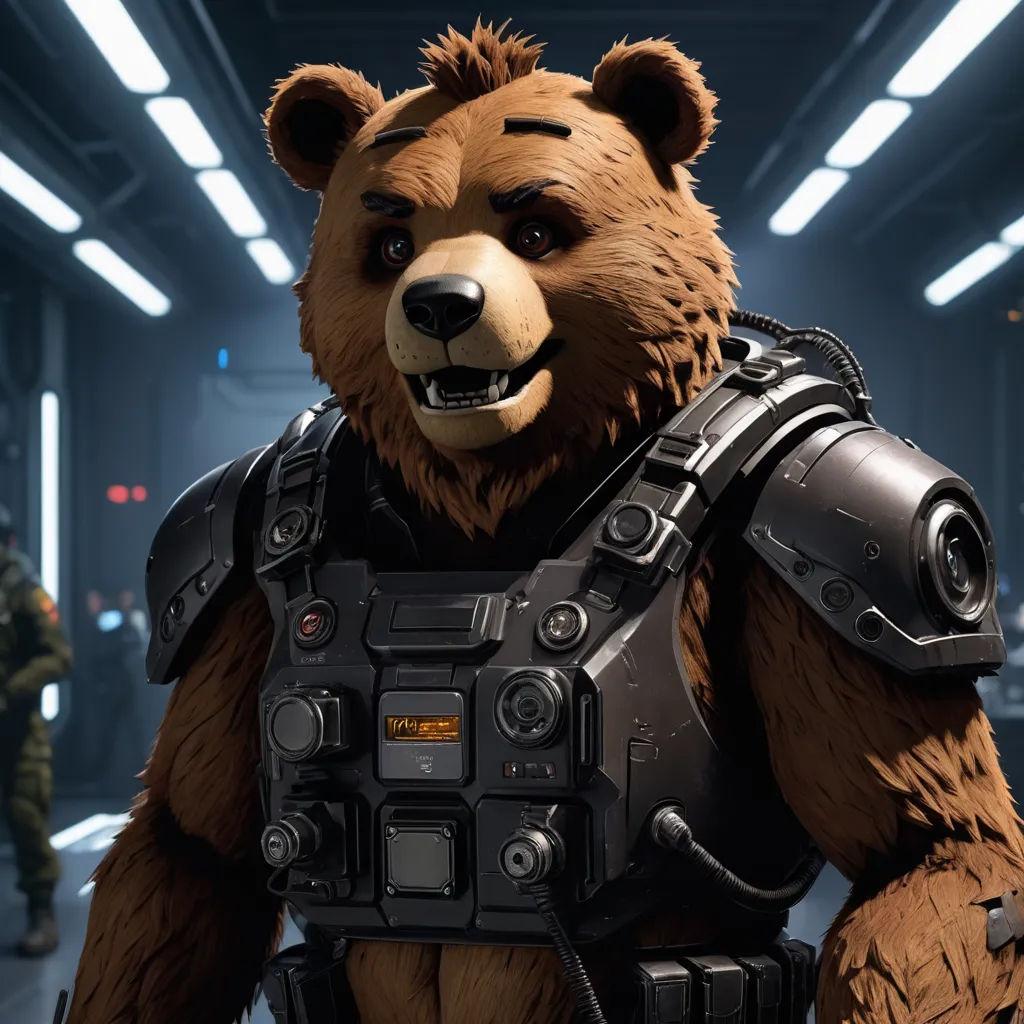 a bear in a suit with a gun in his hand and a helmet on his head, in a sci - fi setting, space art, a character portrait, Chris LaBrooy, unreal engine 5 quality render