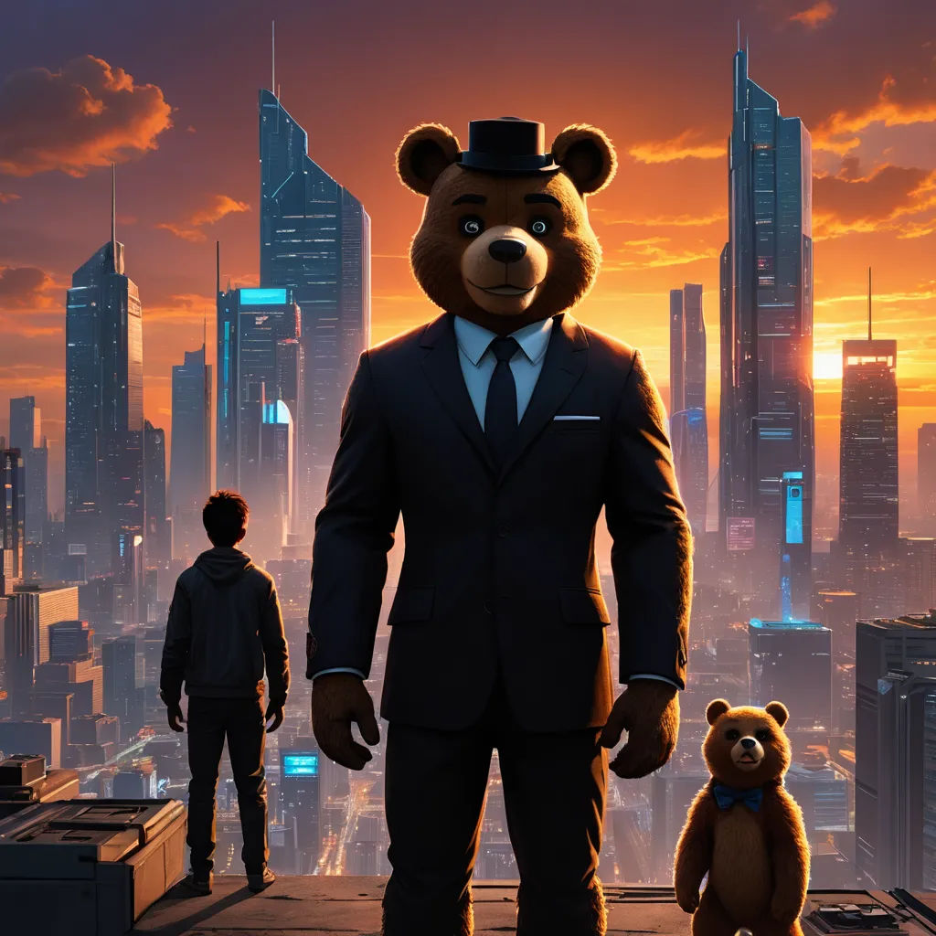 a man in a suit and tie standing next to a teddy bear in a suit and tie in a city, afrofuturism, concept art, Chris LaBrooy, promotional image