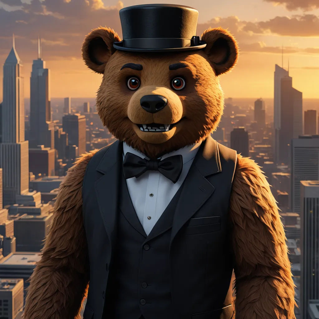 a bear dressed in a suit and top hat in a city scene with a sunset in the background and a city skyline, furry art, a 3D render, Chris LaBrooy, unreal engine 5 quality render