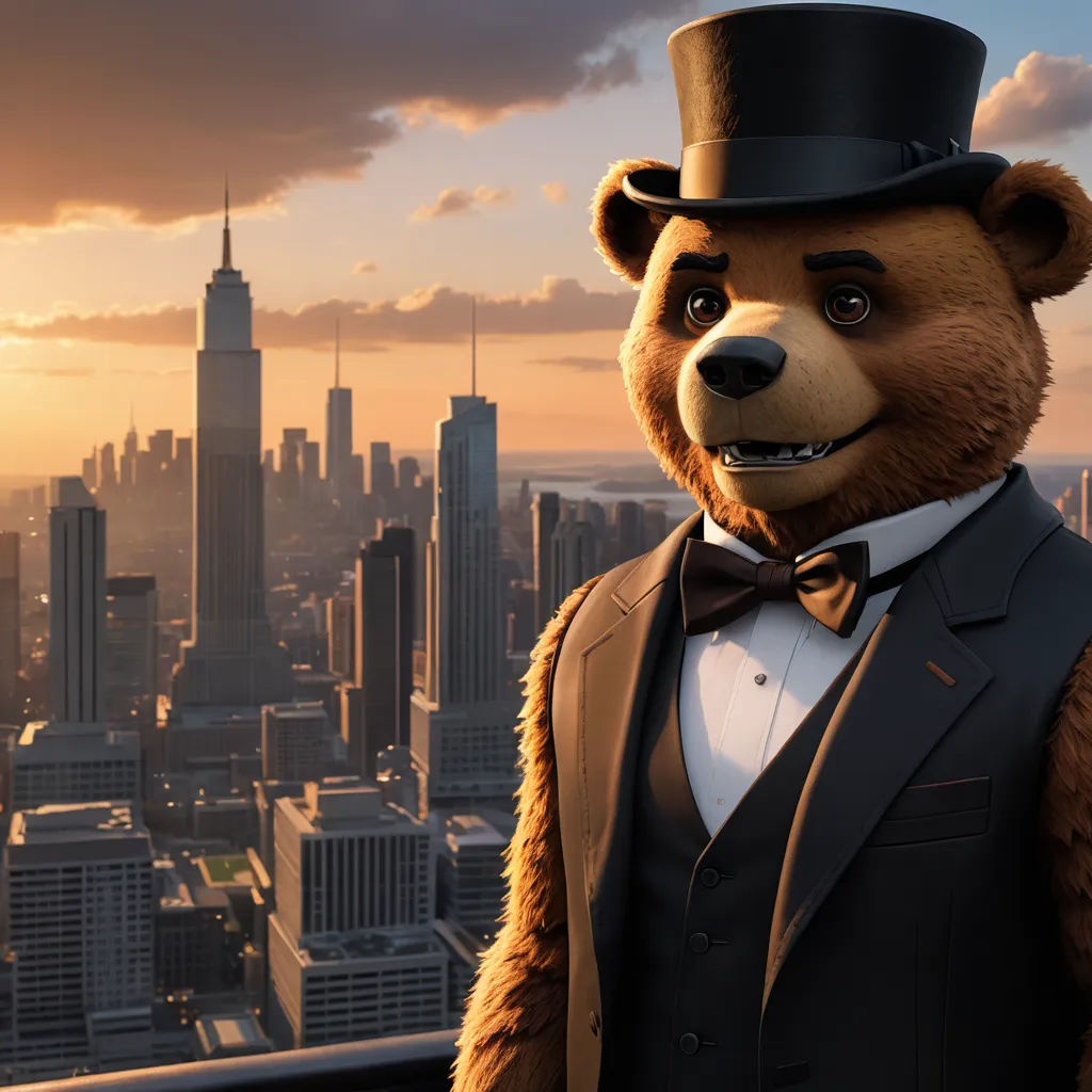 a bear dressed in a suit and top hat standing in front of a city skyline with skyscrapers and a sunset, furry art, a 3D render, Chris LaBrooy, unreal engine 5 quality render