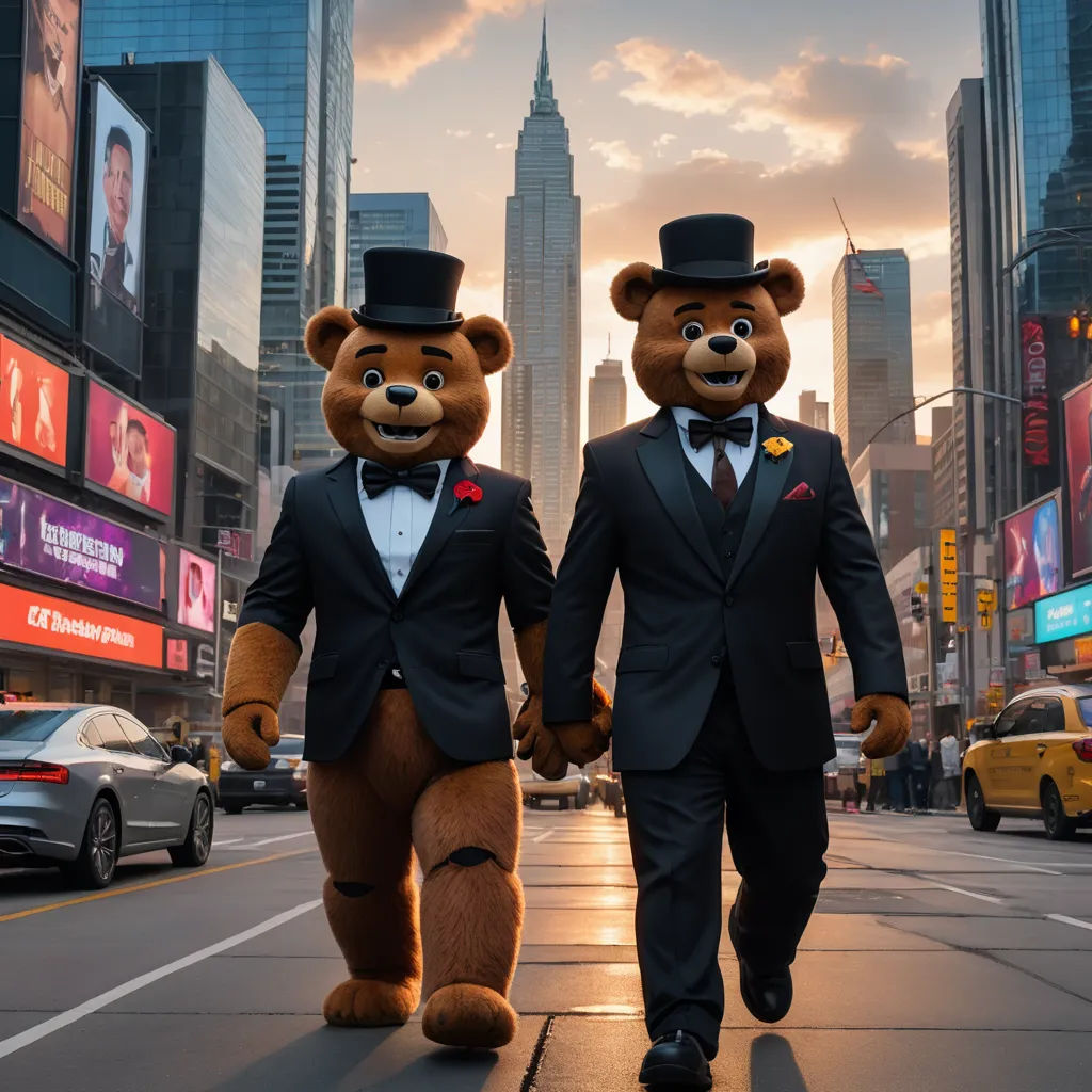 two men in suits and ties walking down a street with two bears in suits and ties on their heads, furry art, a stock photo, Chris LaBrooy, promotional image