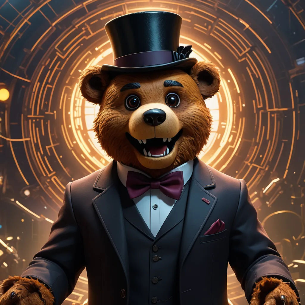 a bear dressed in a suit and top hat with a tie and a bow tie on, standing in front of a circular background, furry art, a character portrait, Chris LaBrooy, key art