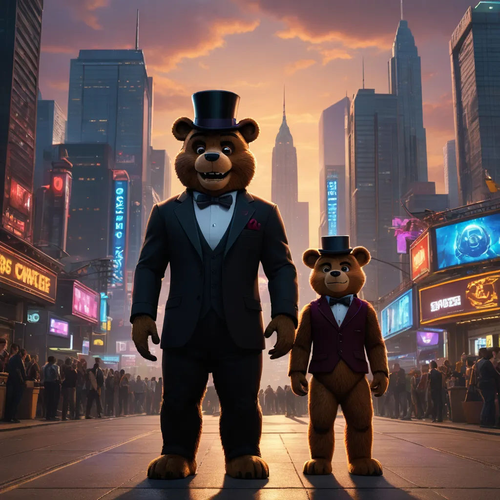 a couple of bears standing next to each other on a street in a city at night with people in the background, furry art, concept art, Chris LaBrooy, promotional image