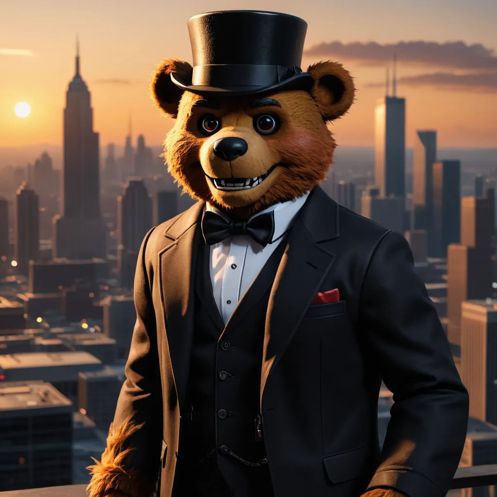 a bear dressed in a suit and top hat standing in front of a city skyline at sunset with a suit on, furry art, a character portrait, Chris LaBrooy, unreal engine 5 quality render
