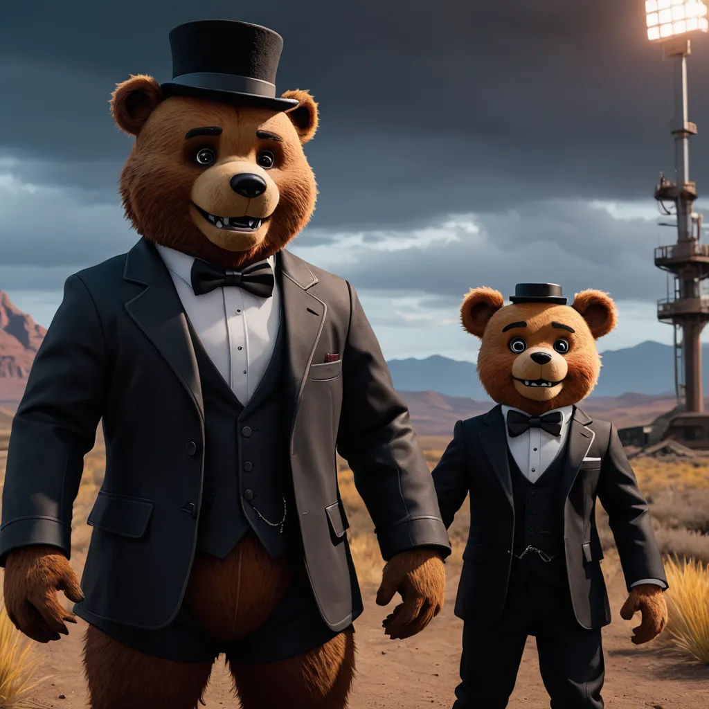 a couple of bears dressed in suits and ties walking down a dirt road next to a tall tower with a light on it, furry art, concept art, Chris LaBrooy, unreal engine 5 quality render