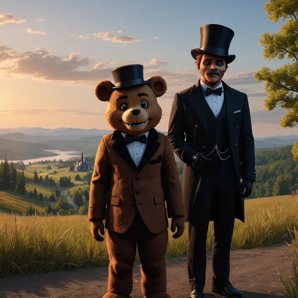 two people in fancy outfits standing next to a bear in a suit and top hat, with a scenic background, sots art, a 3D render, Chris LaBrooy, promotional image