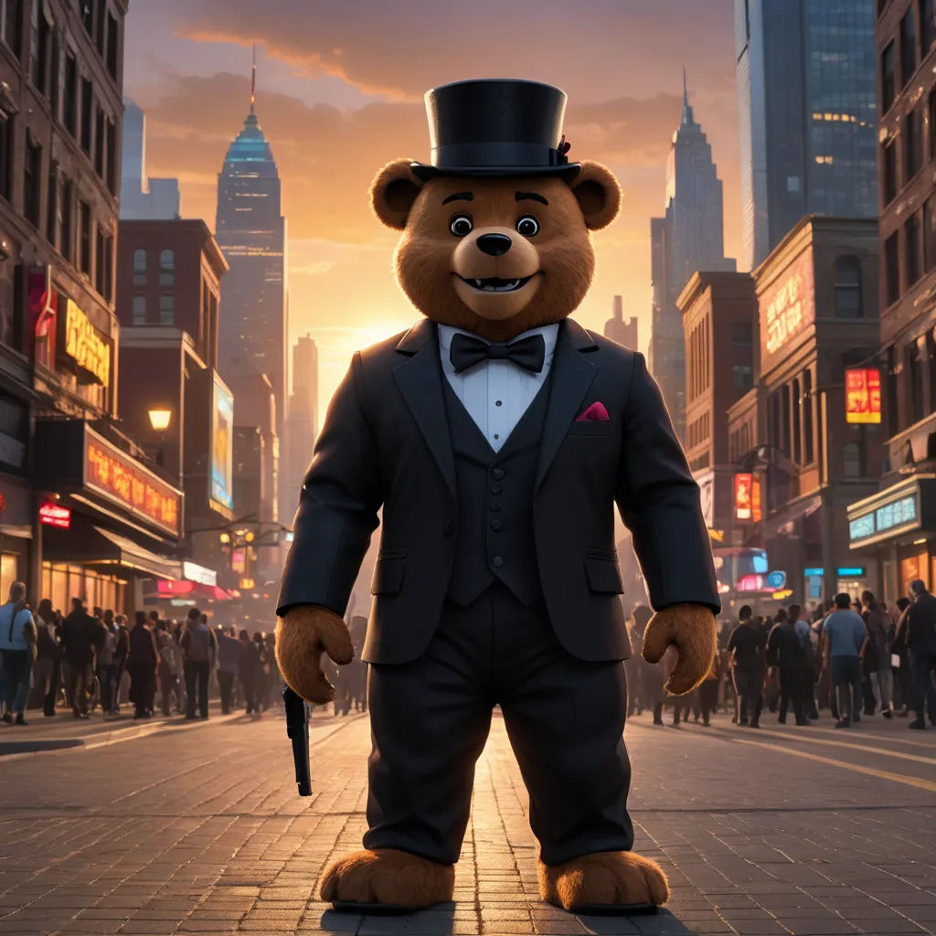 a teddy bear dressed in a suit and top hat standing on a city street at sunset with a gun in his hand, furry art, a character portrait, Chris LaBrooy, promotional image