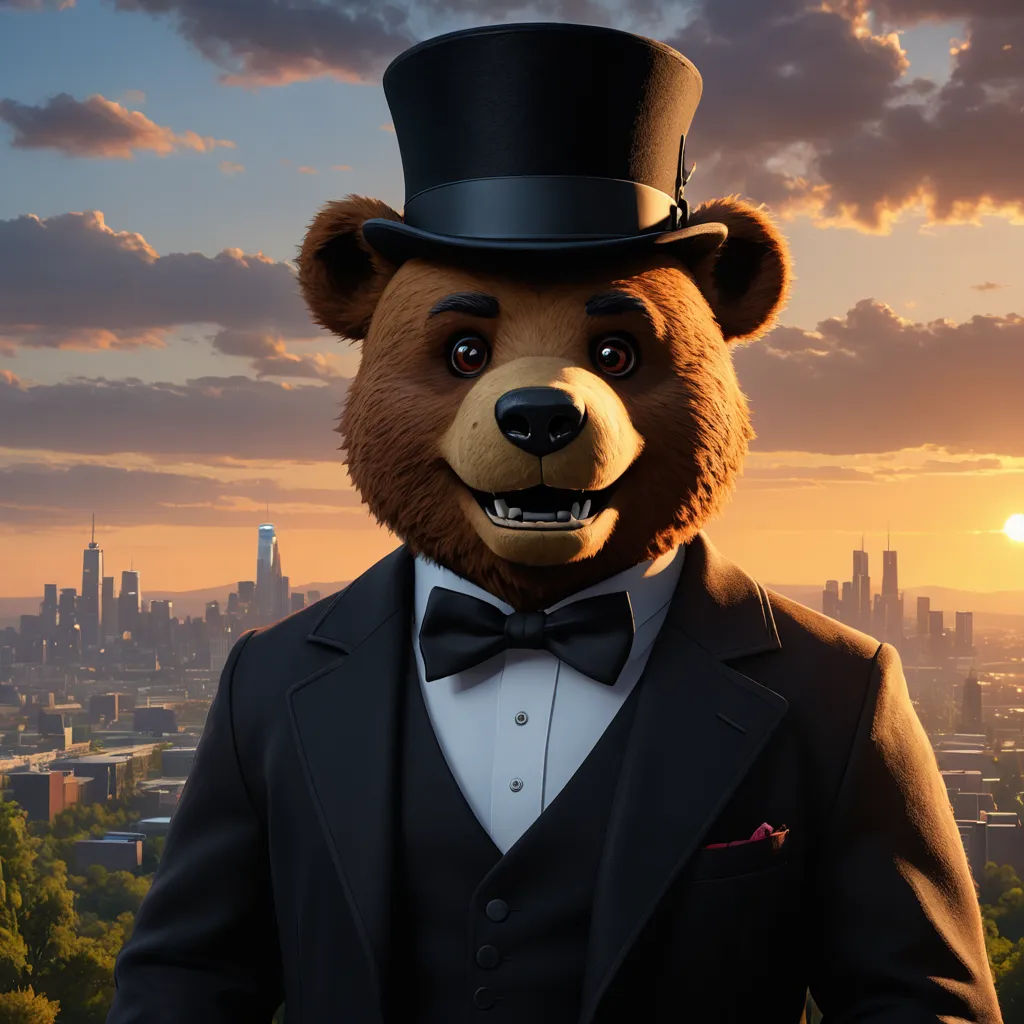 a bear dressed in a suit and top hat with a city in the background at sunset with a sky background, furry art, a character portrait, Chris LaBrooy, unreal engine 5 quality render