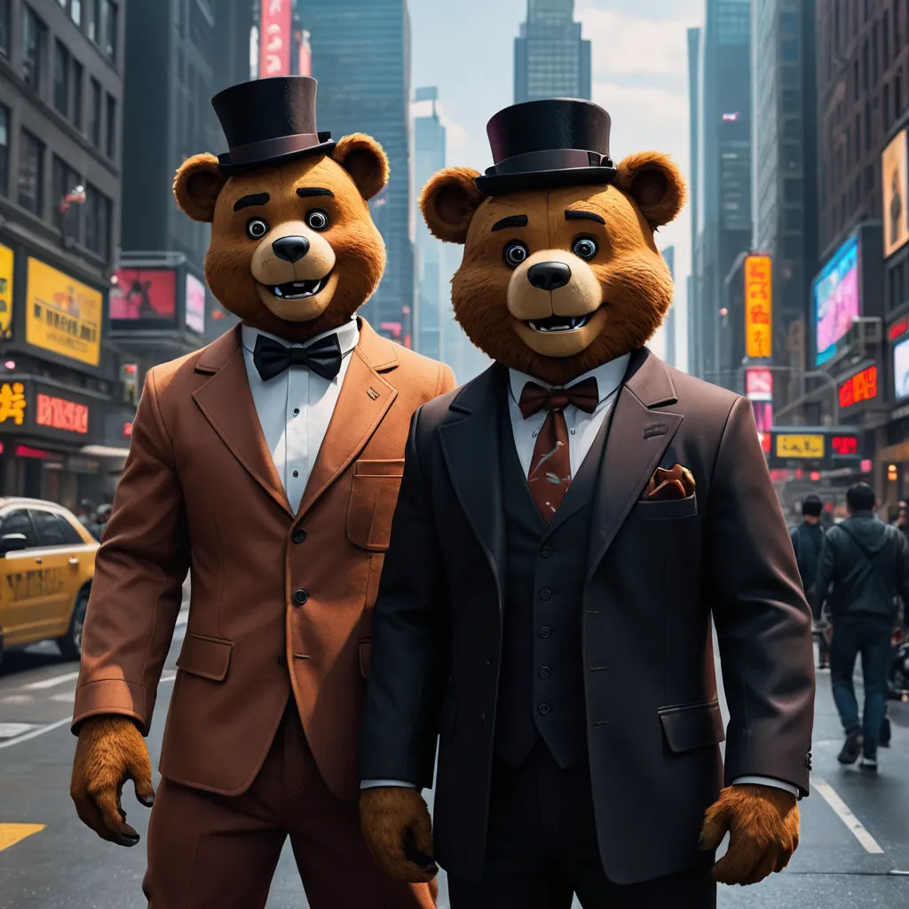 two bears dressed in suits and hats walking down a street in a city with tall buildings in the background, furry art, concept art, Chris LaBrooy, promotional image
