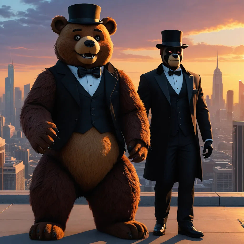 two men in suits and top hats standing next to a giant bear in a suit and top hat in front of a city skyline, furry art, a 3D render, Chris LaBrooy, promotional image