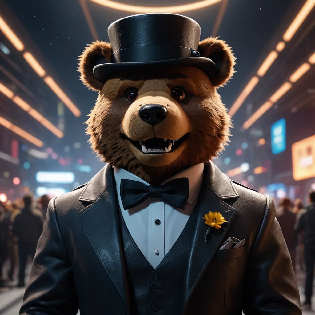 a bear dressed in a suit and top hat with a bow tie and a suit jacket on, standing in a crowded room, furry art, a 3D render, Chris LaBrooy, unreal engine 5 quality render
