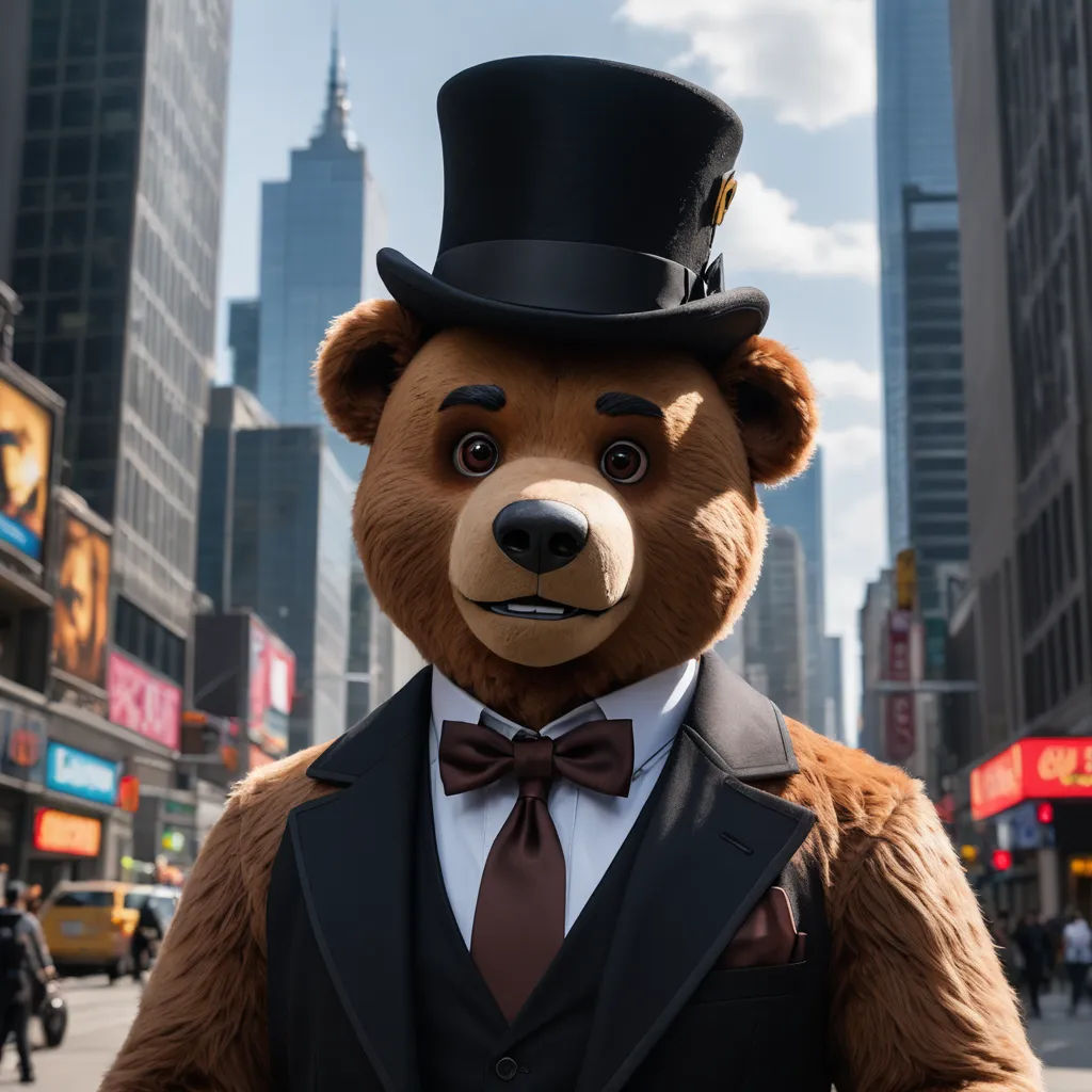 a man in a suit and top hat standing in the street with a bear in a suit and tie, furry art, a character portrait, Chris LaBrooy, unreal engine 5 quality render