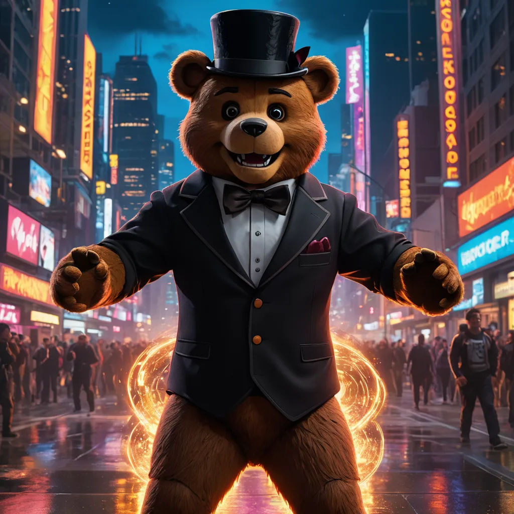a bear dressed in a suit and top hat standing in a city street at night with neon lights and people, furry art, concept art, Chris LaBrooy, unreal engine 5 quality render