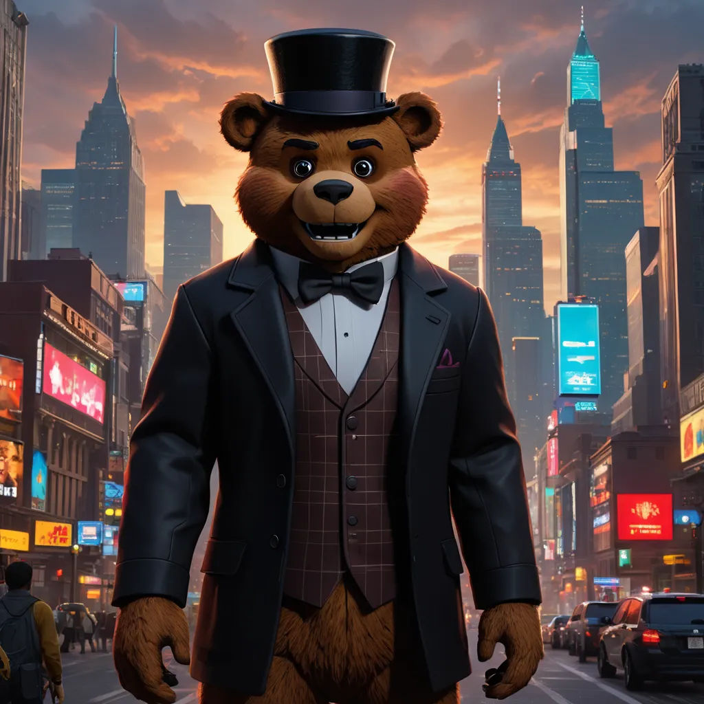 a bear dressed in a suit and top hat walking down a street in a city at night with a city skyline in the background, furry art, concept art, Chris LaBrooy, promotional image
