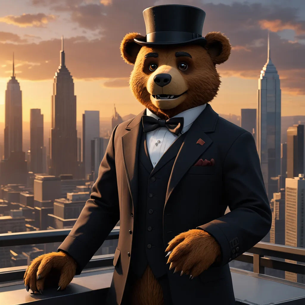 a bear dressed in a suit and top hat standing on a balcony overlooking a city skyline at sunset with a sky background, furry art, a 3D render, Chris LaBrooy, unreal engine 5 quality render