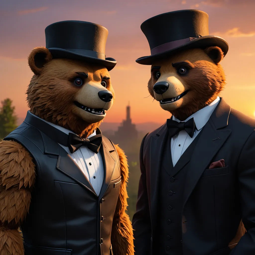 two bears dressed in suits and top hats standing next to each other in front of a sunset sky with a castle in the background, sots art, concept art, Beeple, unreal engine 5 quality render