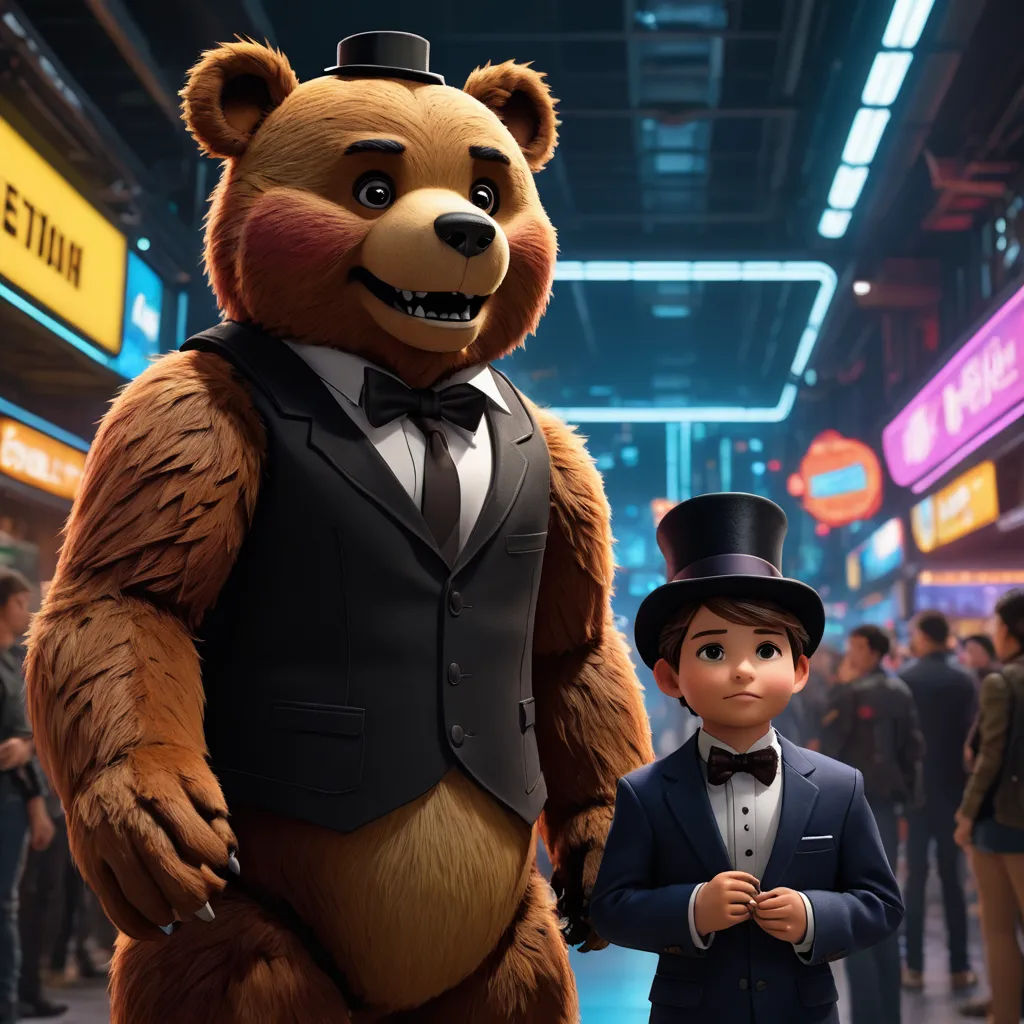 a man in a suit and top hat standing next to a bear in a suit and tie in a mall, retrofuturism, concept art, Cao Buxing, promotional image