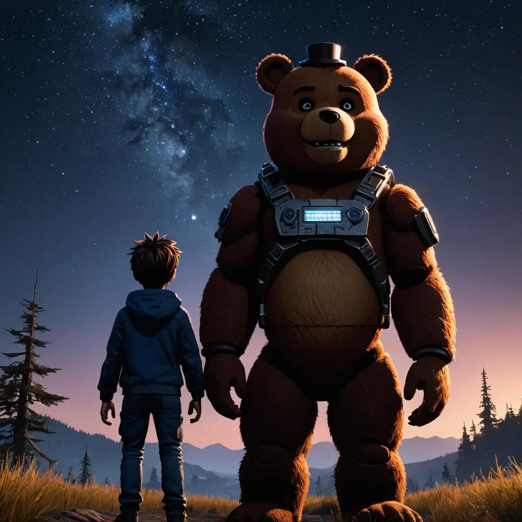 a man standing next to a giant teddy bear in a field at night with a sky full of stars, sots art, concept art, Chris LaBrooy, promotional image
