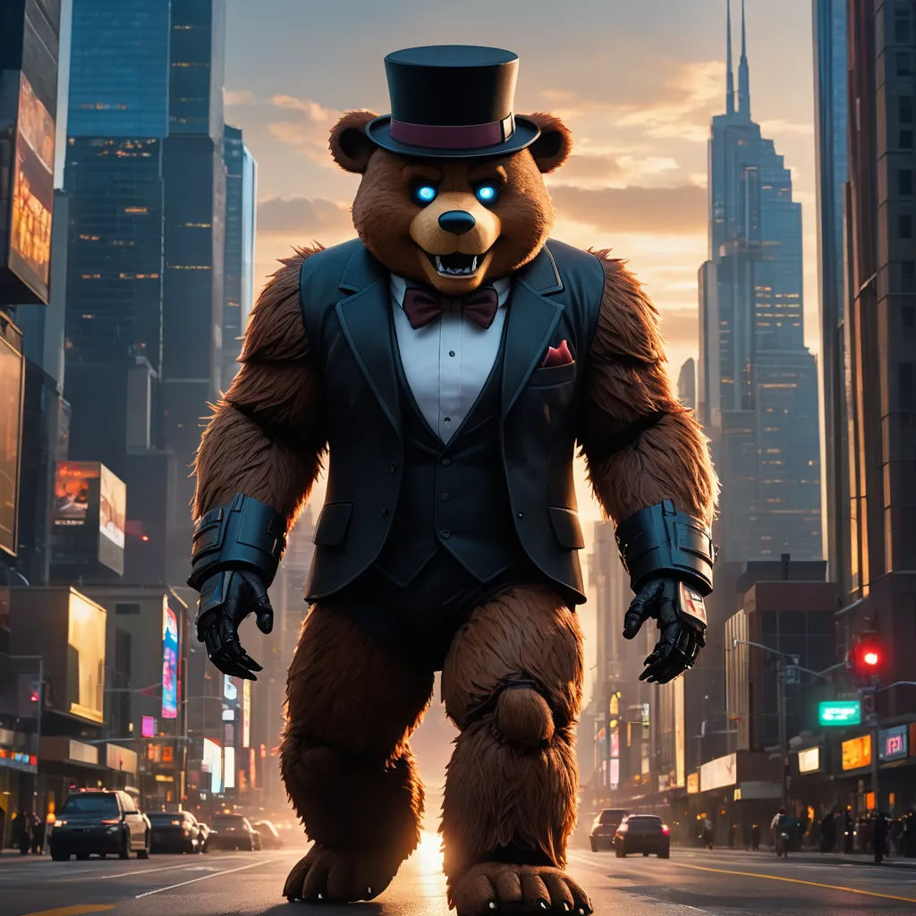 a man in a suit and top hat walking down a street in a bear suit and top hat with a bow tie, furry art, concept art, Chris LaBrooy, arnold render
