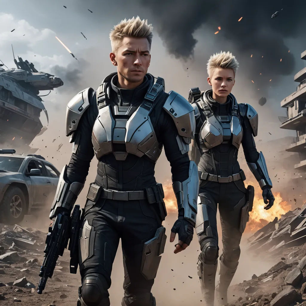 two men in futuristic suits walking through a desert area with a vehicle in the background and a helicopter in the background, antipodeans, a detailed matte painting, Aleksi Briclot, cgstudio