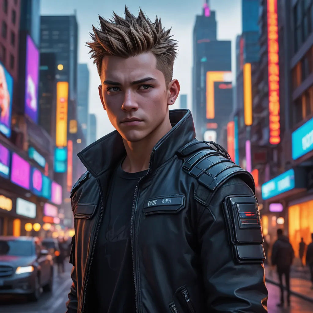 a man in a leather jacket standing in the street in a city at night with neon lights on the buildings, photorealism, cyberpunk art, Cedric Seaut (Keos Masons), rossdraws global illumination