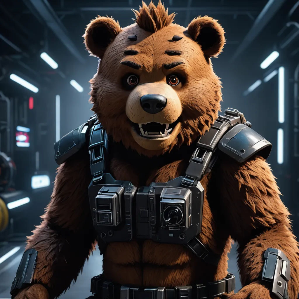 a bear in a star wars outfit standing in a room with lights on and a gun in his hand, furry art, a character portrait, Chris LaBrooy, unreal engine 5 quality render