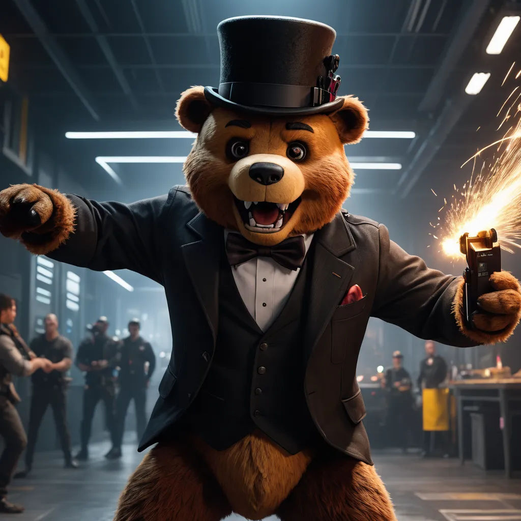 a man in a suit and top hat holding a gun and a gun in his hand while standing in a building, furry art, a character portrait, Chris LaBrooy, unreal engine 5 quality render