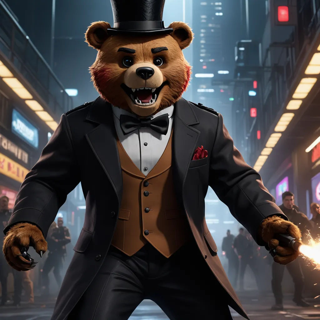 a bear dressed in a suit and top hat with a gun in his hand and a gun in his other hand, furry art, concept art, Chris LaBrooy, unreal engine 5 quality render