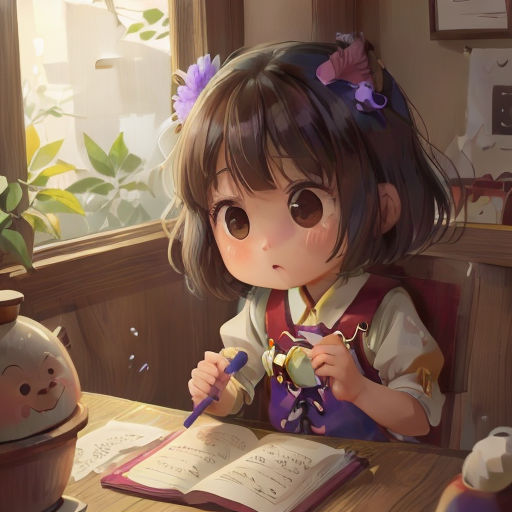 a little girl sitting at a table with an open book and a pen in her hand and a potted plant in the background
