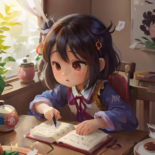 a girl sitting at a table with a book and pen in her hand and a potted plant in the background