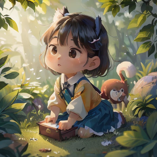 a little girl sitting on the ground in the forest with a suitcase and a monkey behind her, looking at the ground