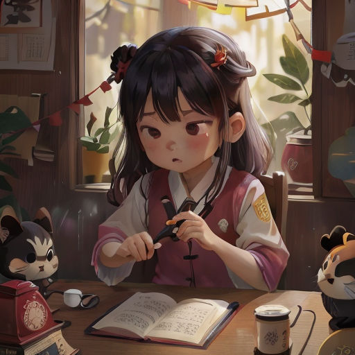 a girl sitting at a table with a book and a mouse next to her and a cat sitting next to her