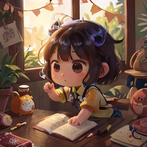 a girl sitting at a table with an open book in front of her and a teddy bear behind her