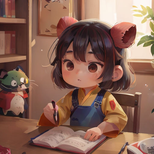 a girl sitting at a table with a book and a cat on the table behind her, and a cat on the table