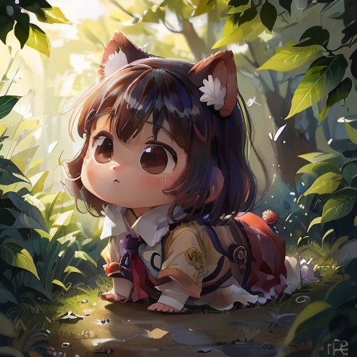 a cute little girl sitting in the woods with a cat ears on her head and a cat tail on her head